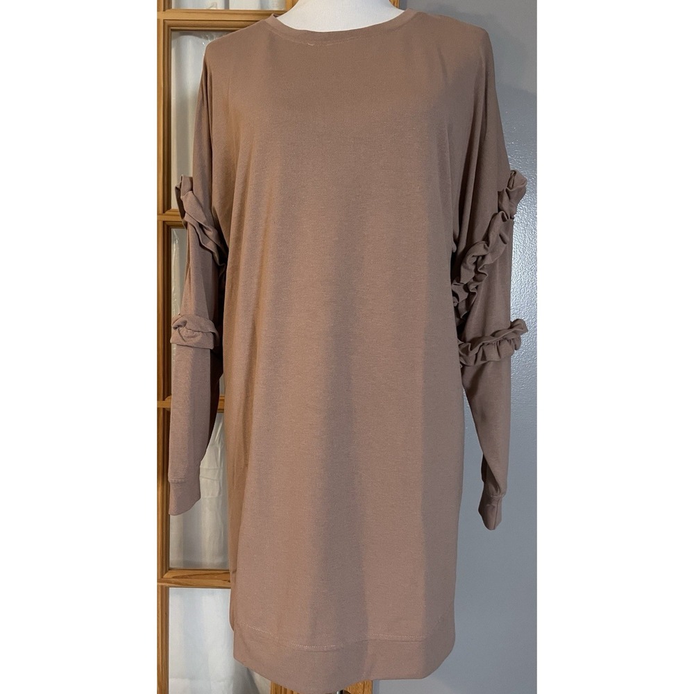 Entro Pullover Sweater Mini Dress Sz L Ruffled Sleeve Mauve Beige Hipster Modern